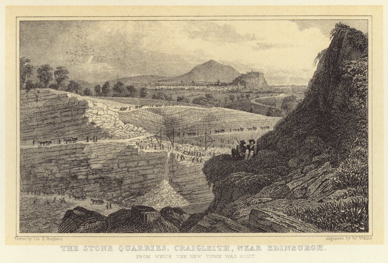 Steinbruddene, Craigleith, nær Edinburgh, hvorfra New Town ble bygget (gravering) av Thomas Hosmer (after) Shepherd