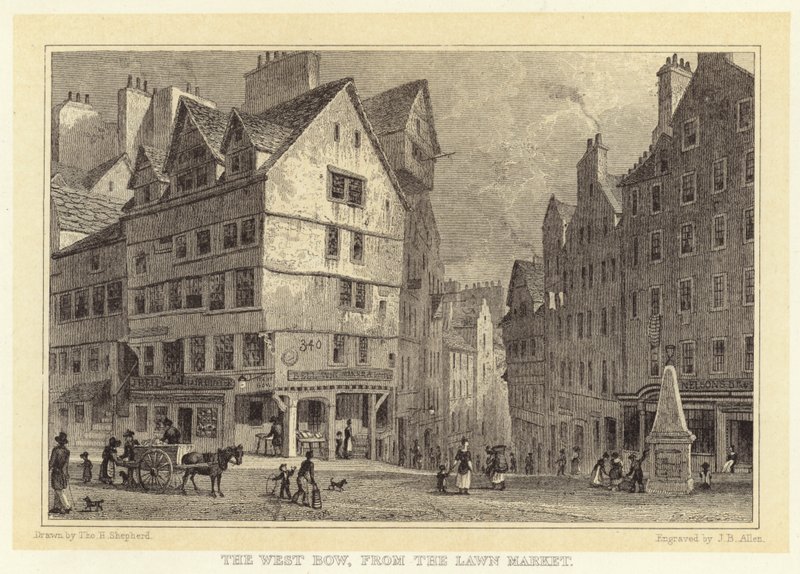 The West Bow, fra Lawn Market (gravering) av Thomas Hosmer (after) Shepherd