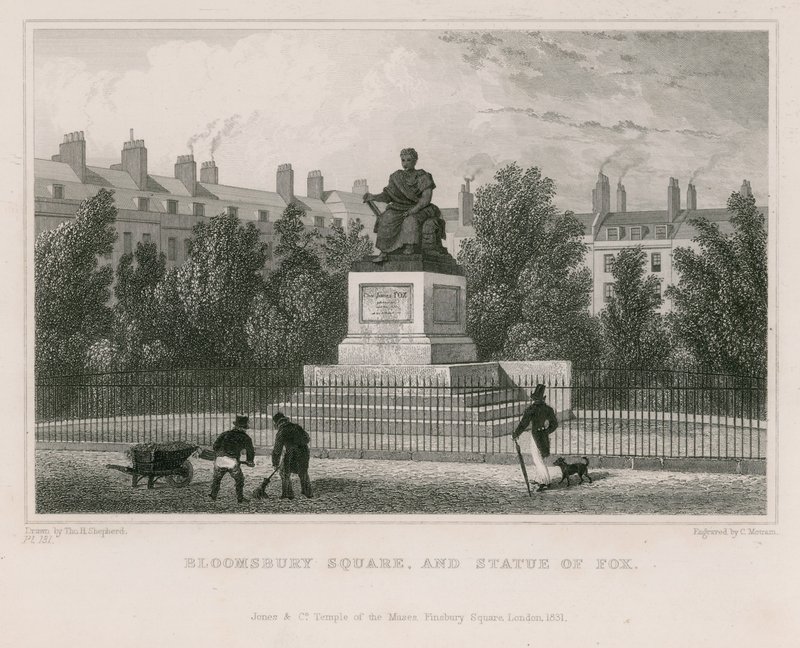 Bloomsbury Square, og statuen av Fox av Thomas Hosmer Shepherd