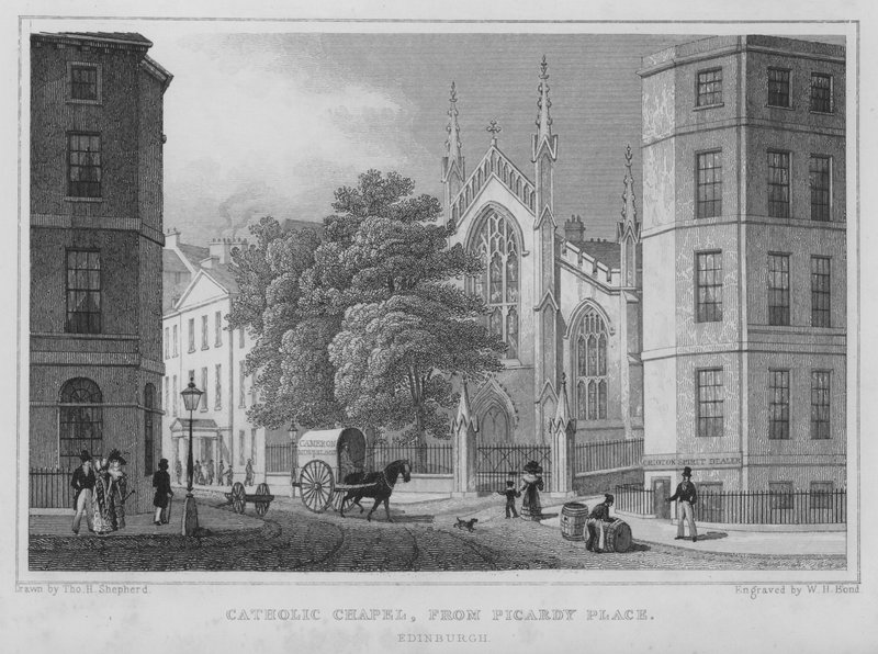 Katolsk kapell, fra Picardy Place, Edinburgh (gravering) av Thomas Hosmer Shepherd
