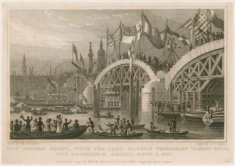 Bygging av New London Bridge, 9. november 1827 av Thomas Hosmer Shepherd