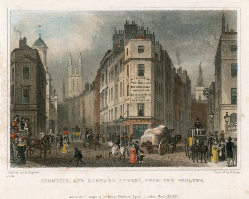 Cornhill og Lombard Street, London, fra Poultry av Thomas Hosmer Shepherd