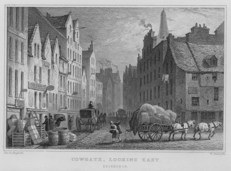 Cowgate, ser østover, Edinburgh (gravering) av Thomas Hosmer Shepherd