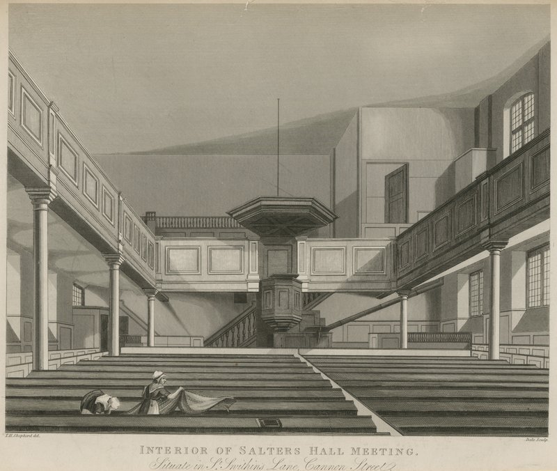 Interiør av Salters Hall Meeting, som ligger i St Swithins Lane, Cannon Street, London av Thomas Hosmer Shepherd