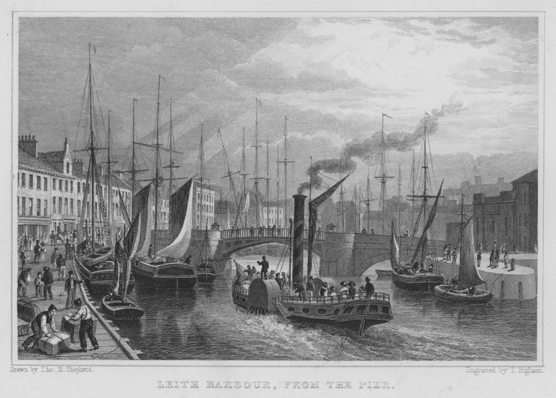 Leith Harbour, fra bryggen (gravering) av Thomas Hosmer Shepherd
