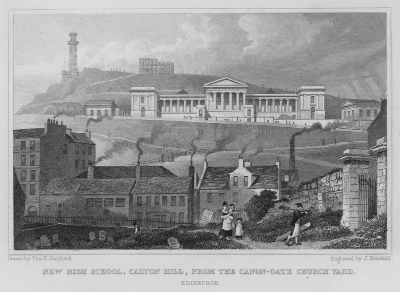 New High School, Calton Hill, fra Canon-Gate Church Yard, Edinburgh (gravering) av Thomas Hosmer Shepherd