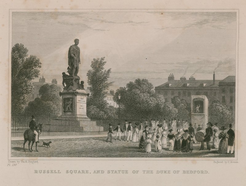 Russell Square og statue av hertugen av Bedford av Thomas Hosmer Shepherd