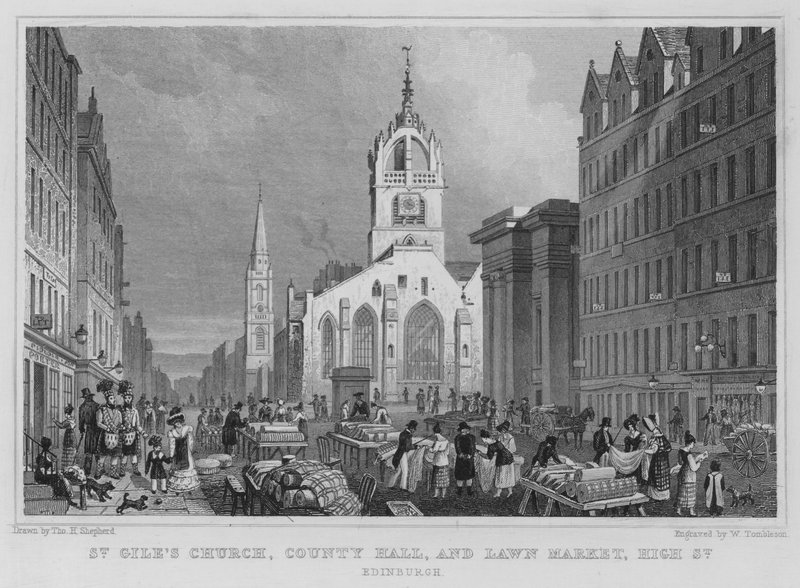 St Giles Church, County Hall og Lawn Market, High Street, Edinburgh (gravering) av Thomas Hosmer Shepherd