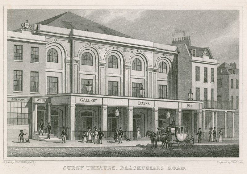 Surrey Theatre, Blackfriars Road, London (gravering) av Thomas Hosmer Shepherd