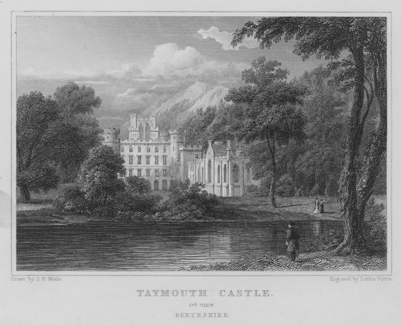 Taymouth Castle, 2nd View, Perthshire (gravering) av Thomas Hosmer Shepherd