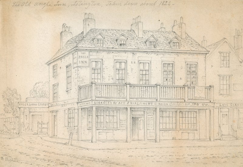 The Angel Inn, Islington (blekk på papir) av Thomas Hosmer Shepherd