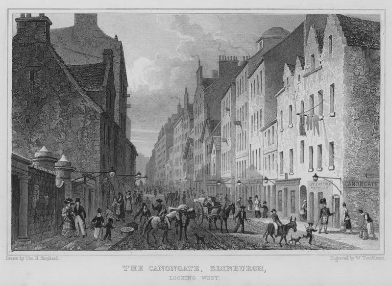 The Canongate, Edinburgh, ser vestover (gravering) av Thomas Hosmer Shepherd