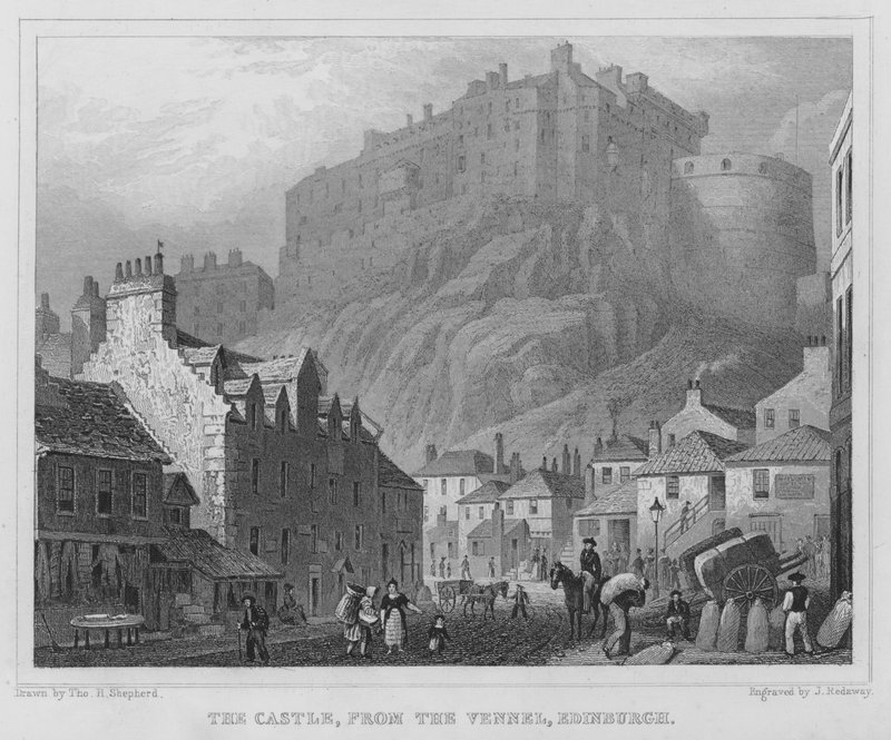 Slottet, fra Vennel, Edinburgh (gravering) av Thomas Hosmer Shepherd
