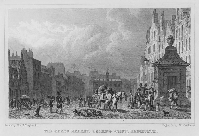 The Grass Market, ser vestover, Edinburgh (gravering) av Thomas Hosmer Shepherd
