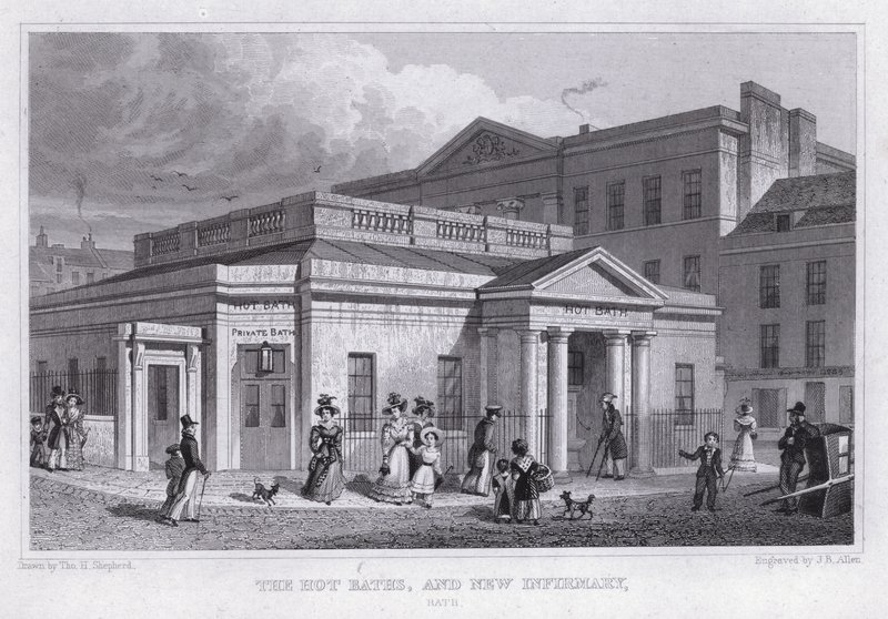 The Hot Baths og New Infirmary, Bath (gravering) av Thomas Hosmer Shepherd