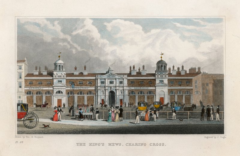 The Kings Mews, Charing Cross. Midlertidig hjemmet til Edward Cross's Menagerie av Thomas Hosmer Shepherd