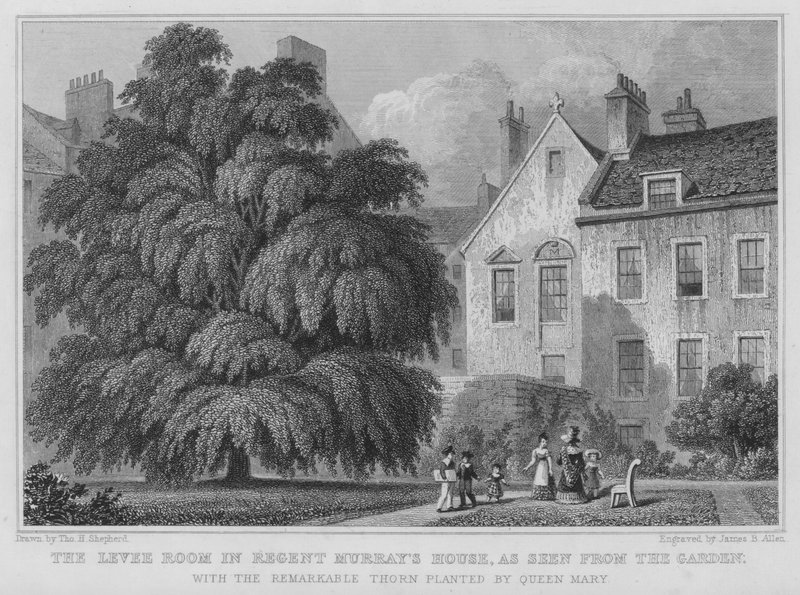 Levee-rommet i Regent Murrays hus, sett fra hagen (gravering) av Thomas Hosmer Shepherd