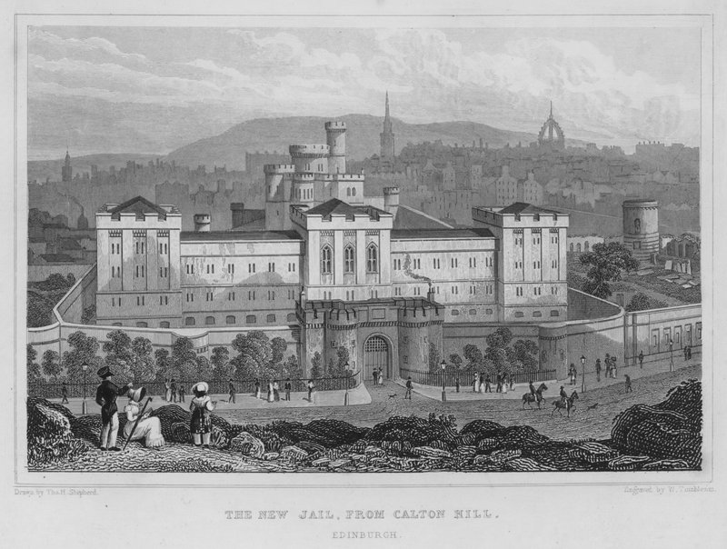 The New Jail, fra Calton Hill, Edinburgh (gravering) av Thomas Hosmer Shepherd