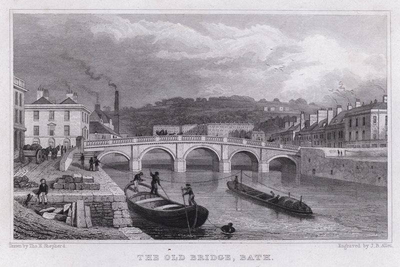 Den gamle broen, Bath (gravering) av Thomas Hosmer Shepherd