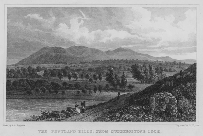 Pentland Hills, fra Duddingstone Loch (gravering) av Thomas Hosmer Shepherd