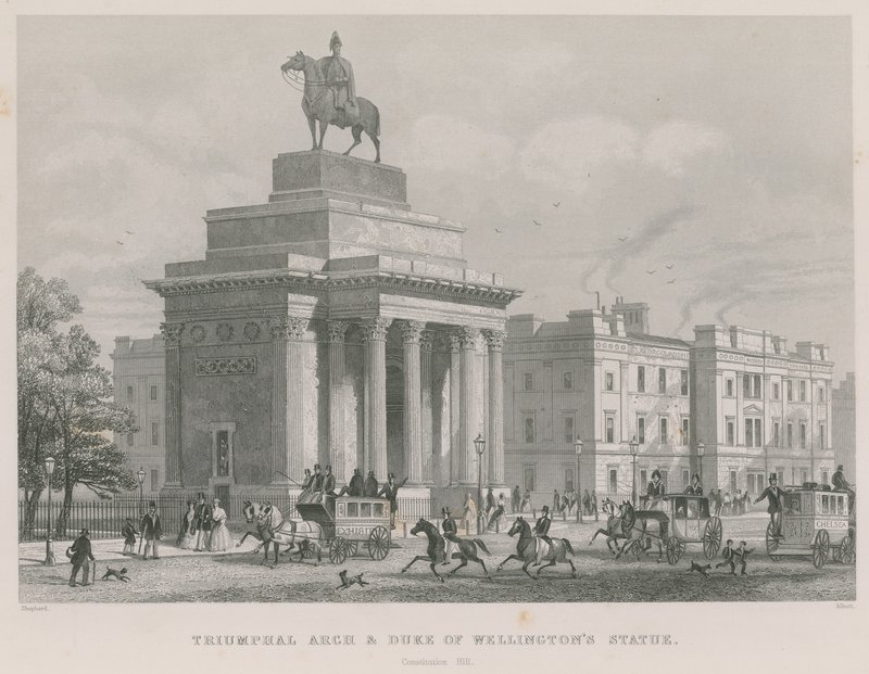 Triumfbuen og hertugen av Wellingtons statue, Constitution Hill, Hyde Park, London av Thomas Hosmer Shepherd