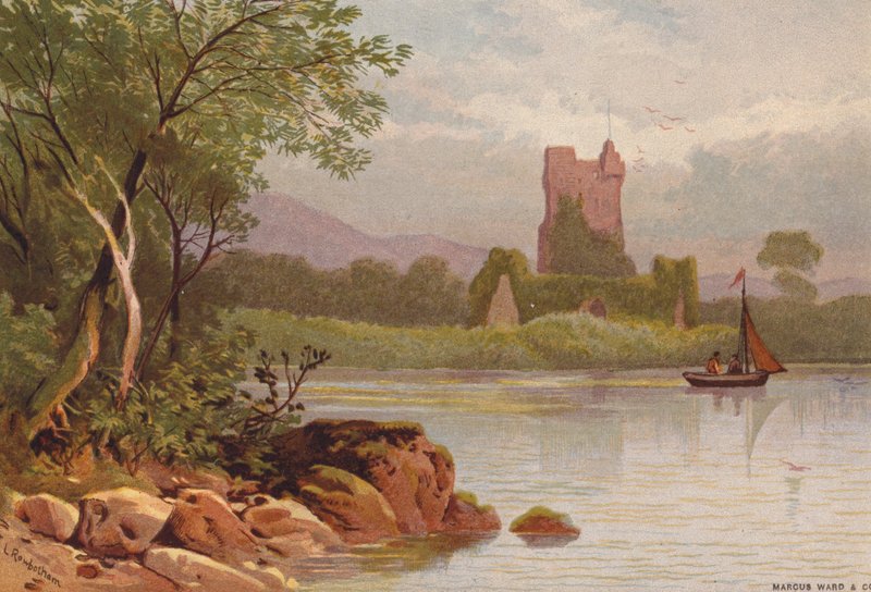 Killarney Lakes, Ross Castle (farge litho) av Thomas Leeson the Elder Rowbotham