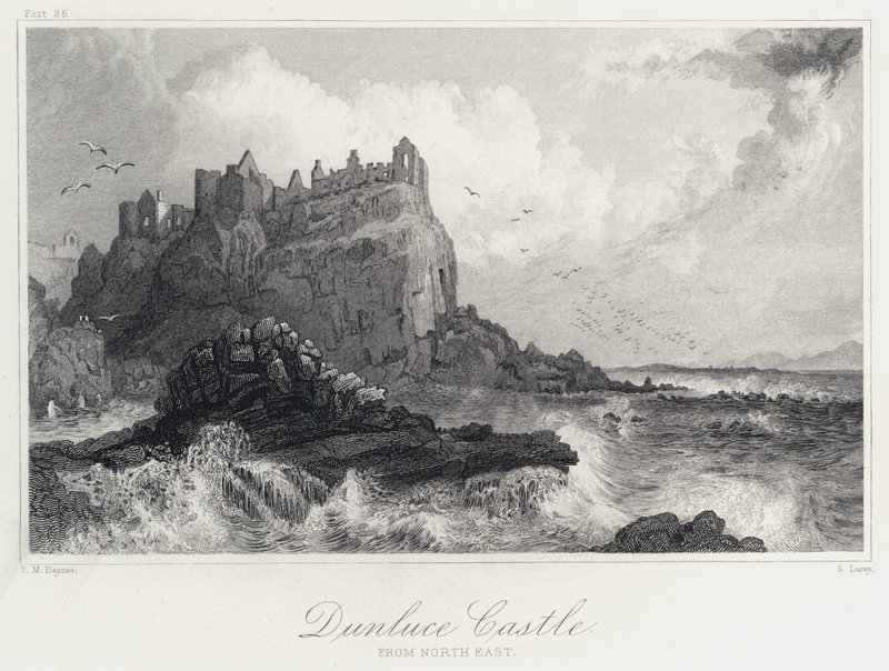 Dunluce Castle, fra nordøst (gravering) av Thomas Mann (after) Baynes