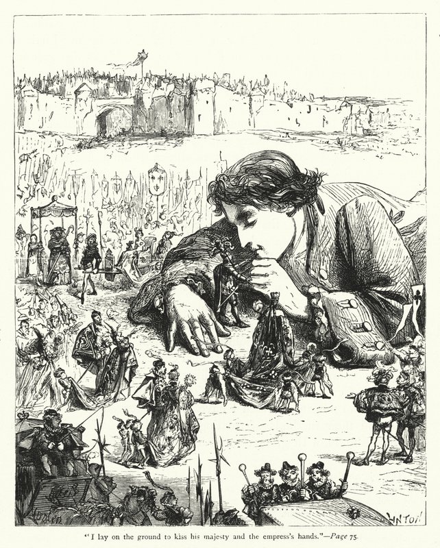Illustrasjon for Gullivers reiser av Jonathan Swift (gravering) av Thomas Morten