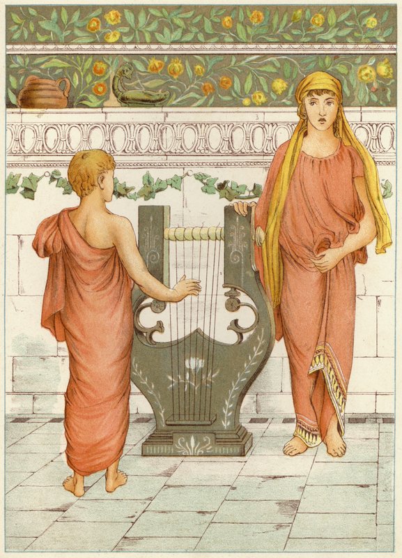 Perseus og musikktimen (fargelitho) av Thomas Ralph Spence
