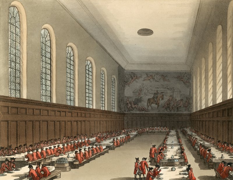 Generell oversikt over interiøret i Chelsea Hospital av Thomas Rowlandson