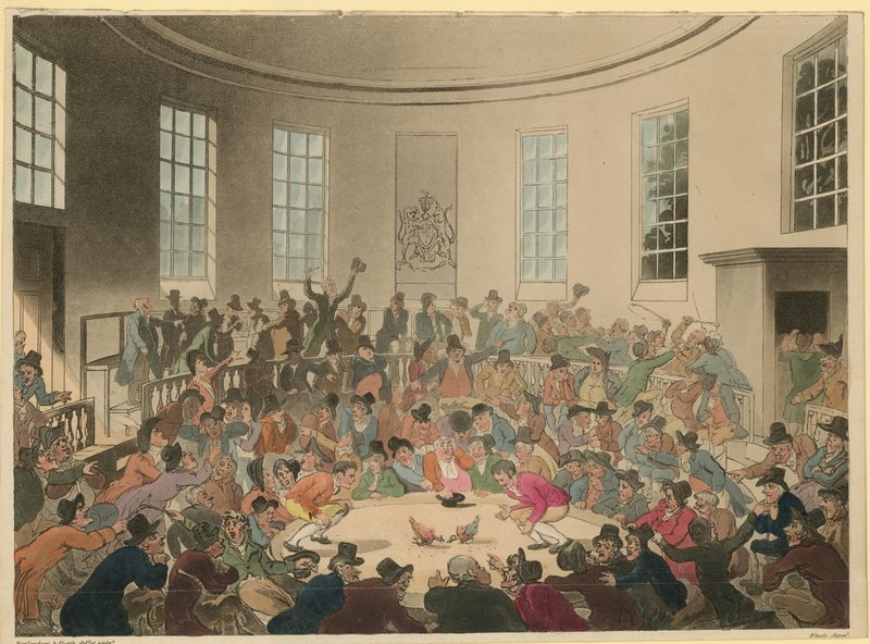 Illustrasjon som viser en folkemengde som ser på en hanekamp av Thomas Rowlandson