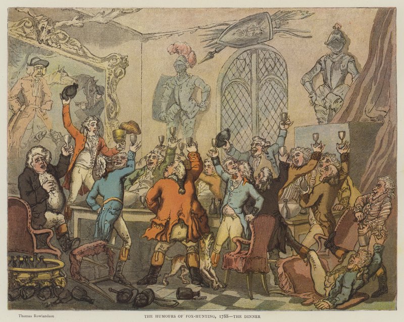 The Humors of Fox-Hunting, 1788, middagen (chromolitho) av Thomas Rowlandson