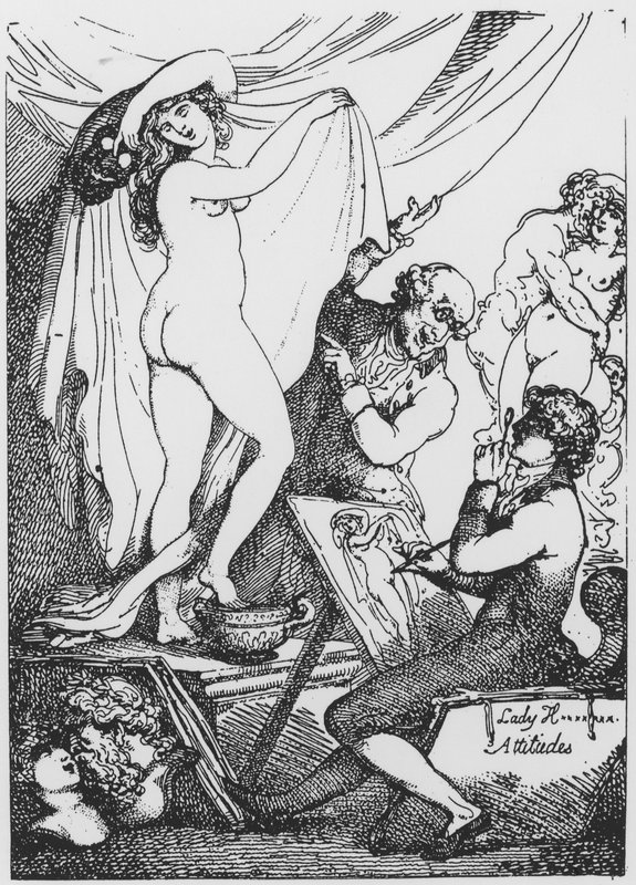 Den fremtidige Lady Hamilton poserer som Hygeia, helsegudinnen, ved Dr James Grahams Temple of Aesculapius av Thomas Rowlandson