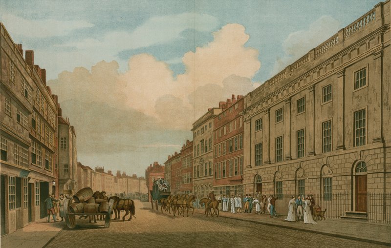 Hus okkupert av East India Company, Leadenhall Street, London, som gjengitt i 1726 av Thomas Snr. Malton