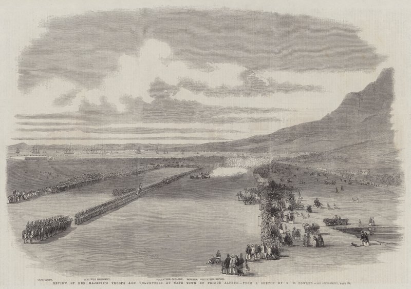Anmeldelse av Hennes Majestets tropper og frivillige i Cape Town av prins Alfred av Thomas William Bowler