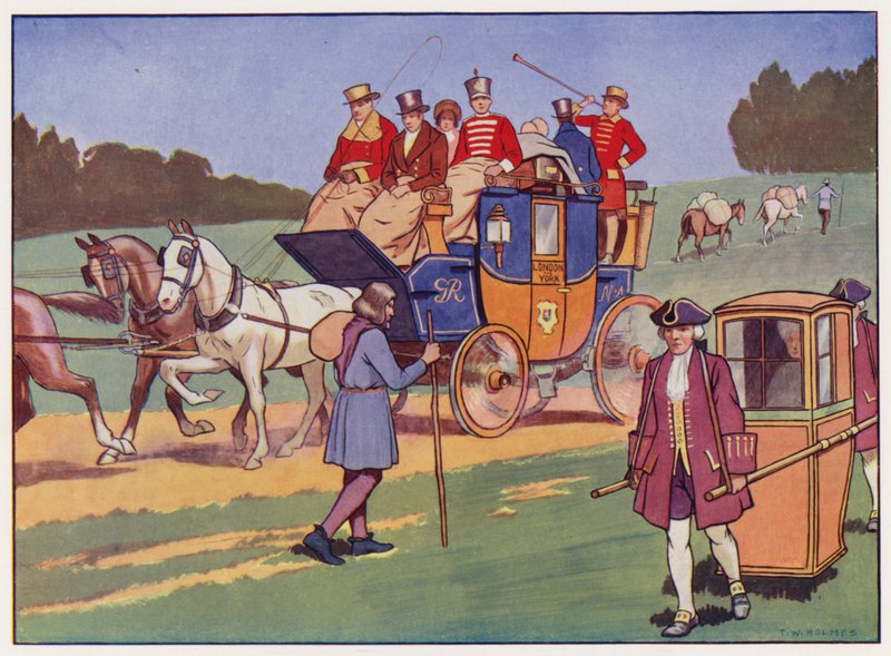 Coach-and-fire, sedanstol og pakkehester (farge litho) av Thomas William Holmes