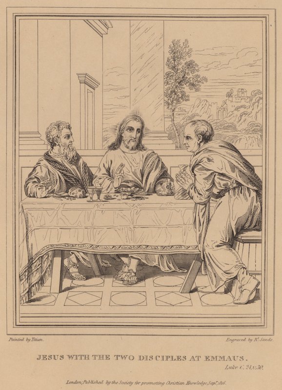 Jesus med de to disiplene i Emmaus, Lukas av Tiziano Vecelli