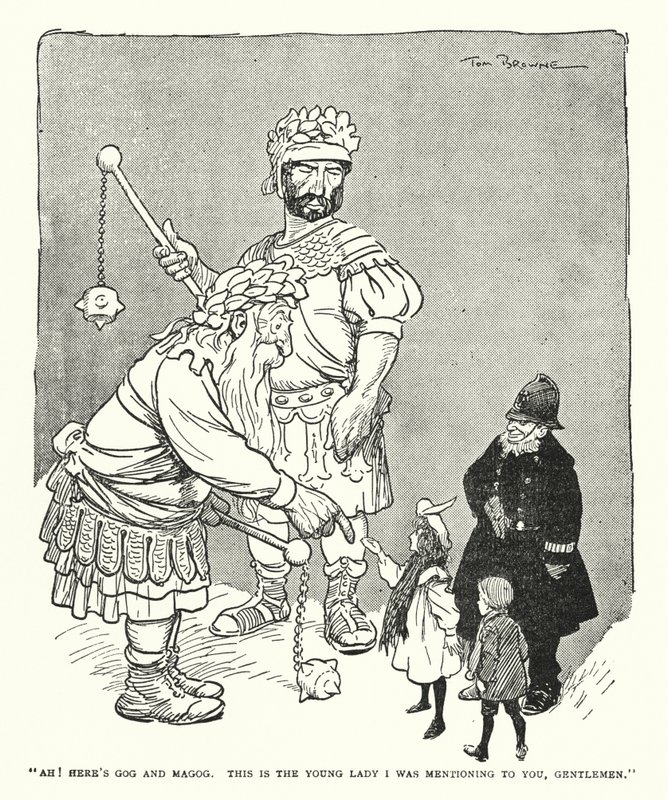 "Ah! Her er Gog og Magog, dette er den unge damen jeg nevnte for dere, mine herrer" (litho) av Tom Browne