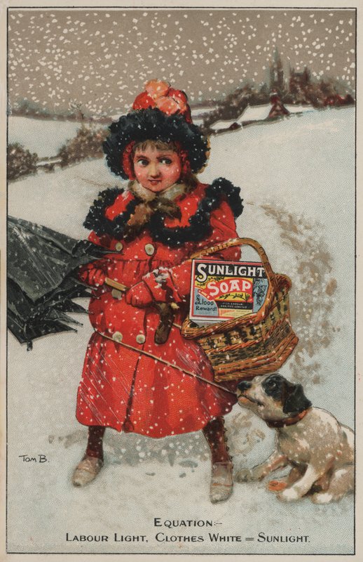 Jente som går hjem i snøen: reklame for Sunlight-såpe (chromolitho) av Tom Browne