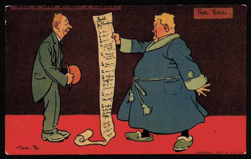 Mann leser en lang regning fra rørleggeren sin (chromolitho) av Tom Browne