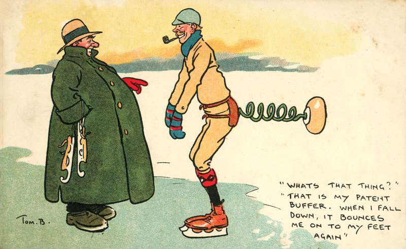 Mann med en enhet for å få ham tilbake på bena hvis han faller ned når han går på skøyter (farge litho) av Tom Browne