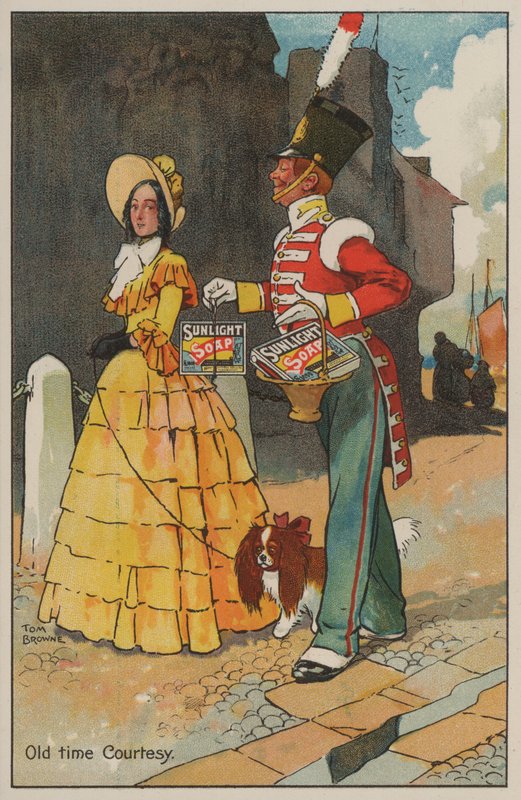 Soldat og kvinne i georgisk kjole: reklame for Sunlight-såpe (farge litho) av Tom Browne