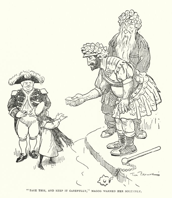 "Ta dette, og hold det forsiktig," advarte Magog henne høytidelig (litho) av Tom Browne
