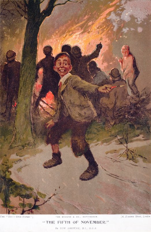 Den femte november, spent gutt på bålnatten (farge litho) av Tom Browne