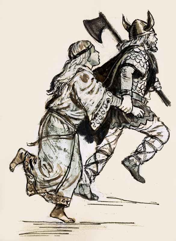 Kvinne blir dratt av en vikingraider (gouache på papir) av Unbekannt