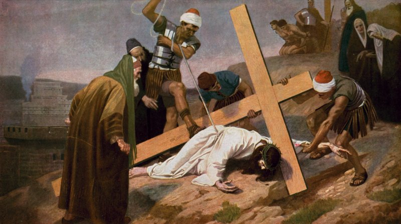 Jesus faller for tredje gang mens han bærer sitt kors av Unbekannt Unbekannt