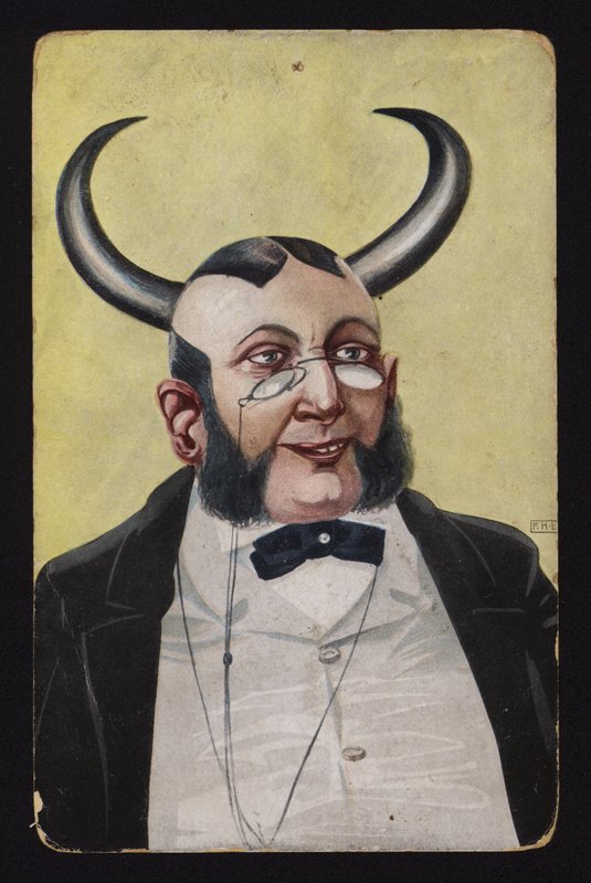 Mann med djevel eller demons horn (farge litho) av Josef Eberz