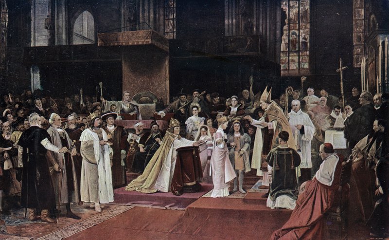 Tu felix Austria nube: forlovelse av barnebarna til den hellige romerske keiser Maximilian I og barna til kong Ladislaus II av Böhmen og Ungarn i Stefansdomen, Wien av Vaclav  Brozik