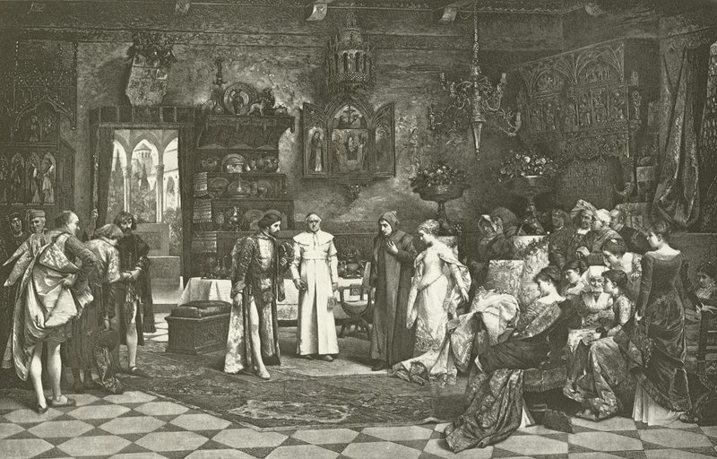 Petrarch og Laura introdusert av keiseren i Avignon (gravyr) av Vaclav Brozik