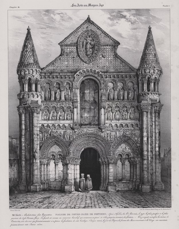 Romansk fasade av kirken Notre Dame la Grande, Poitiers, Frankrike (litho) av Victor Jean Baptiste (after) Petit